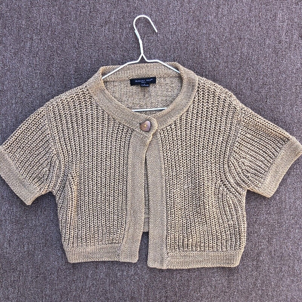 August Silk chunky knit crop cardigan tan cottagecore lagenlook short sleeve S